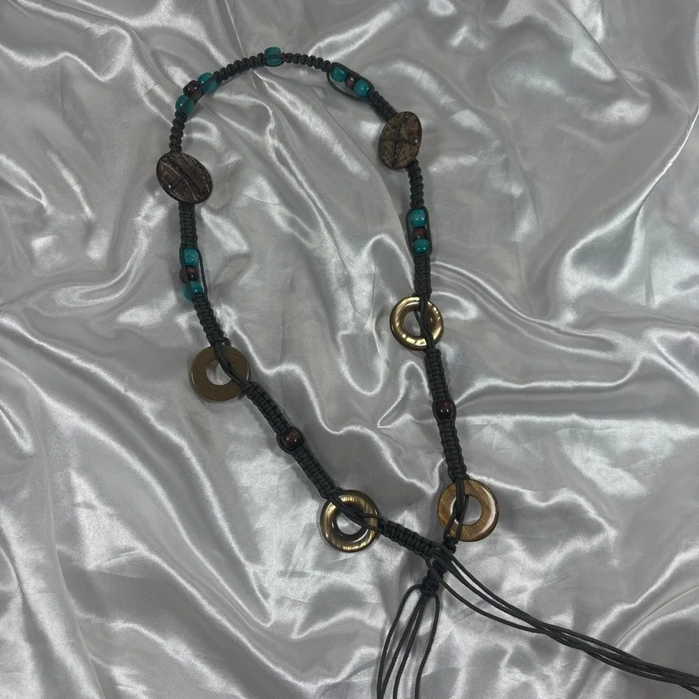 y2k boho Macrame Belt Grey Turquoise Wood Bead Coconut Shell Tassel